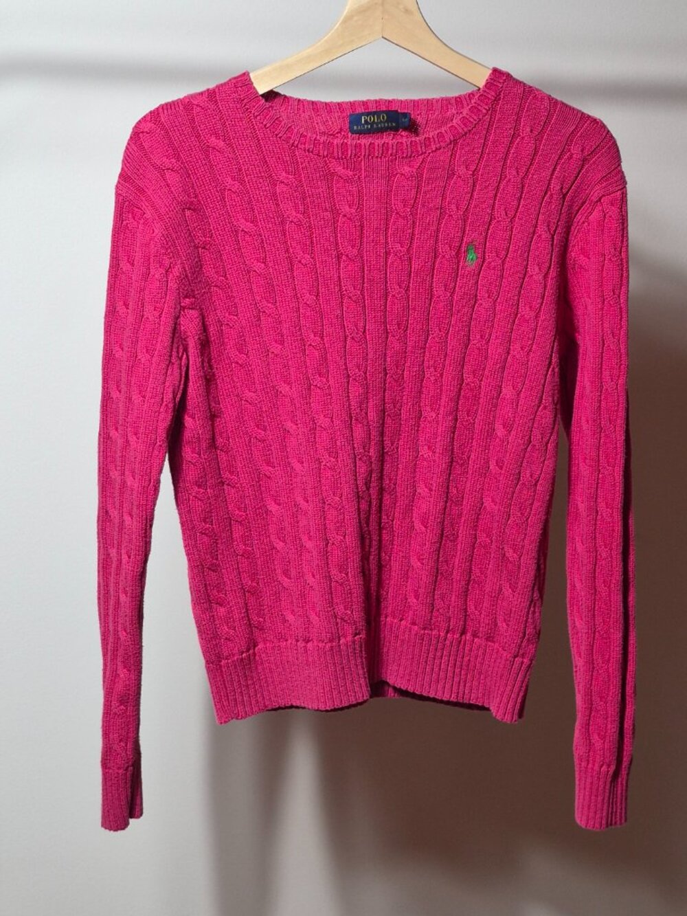 Polo Ralph Lauren Womens L 100% Cotton Cable Knit Crewneck Sweater Pink Pony